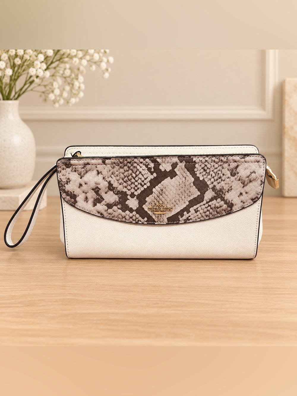 Coach Cream and Brown Snakeskin Clutch